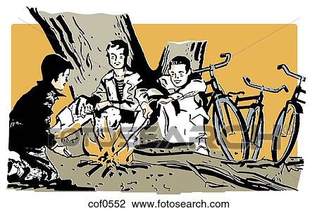 A group of boys around a camp fire View Large Illustration Drawing - A group of boys around a camp fire. Fotosearch