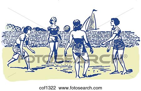 Drawing - A group of people playing beach volleyball. Fotosearch