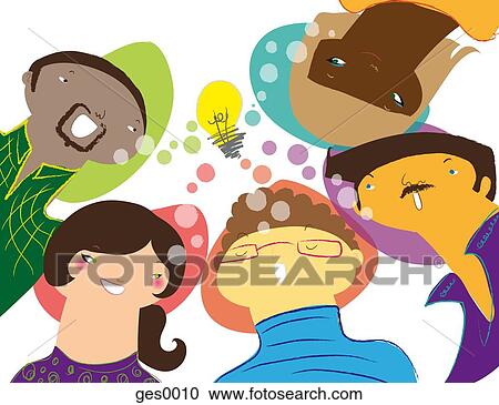 Clipart - A group of people positioned in a circle looking down to the viewer with a light globe in the center. Fotosearch