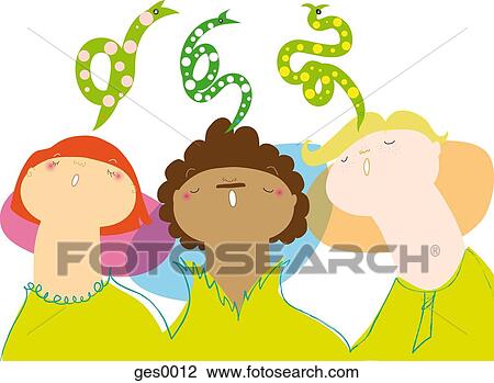 Drawing - A group of three people with snakes coming from their mouths. Fotosearch