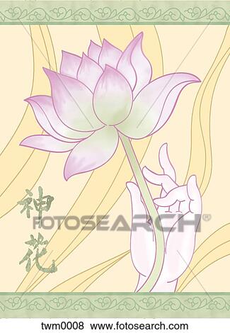 A Hand Holding A Lotus And The Chinese Characters For Spirit And Flower Stock Illustration