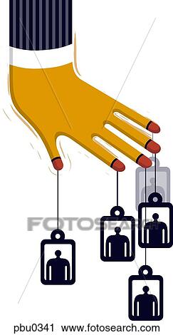 Clip Art - A hand with four tags with figures on them hanging from its fingers. Fotosearch