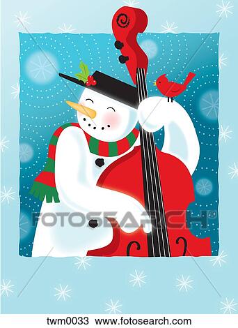 A happy snowman playing an upright bass View Large Illustration Drawing - A happy snowman playing an upright bass. Fotosearch