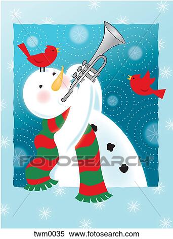 Stock Illustration - A happy snowman playing the trumpet. Fotosearch