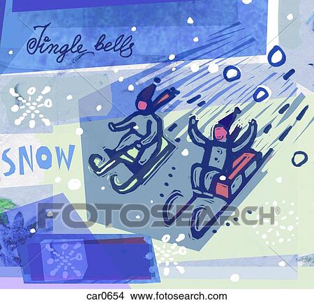 Stock Illustration - A layered print of children tobogganing during the festive season. Fotosearch