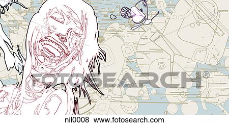 A line drawing of a laughing woman on a patterned background View Large Illustration Stock Illustration - A line drawing of a laughing woman on a patterned background. Fotosearch
