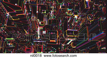 Stock Illustration - A line drawing of a thriving city from a birds eye perspective drawn in an array of colors. Fotosearch