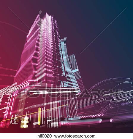 Clipart - A line drawing of a thriving city in an array of colors with subtle movements. Fotosearch