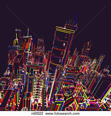 Drawing - A line drawing of a thriving city in an array of colors. Fotosearch