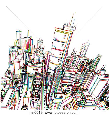 A line drawing of a thriving city in an array of colors View Large Illustration Stock Illustration - A line drawing of a thriving city in an array of colors. Fotosearch