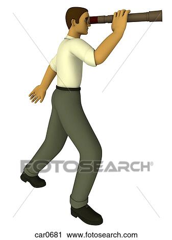 Clip Art - A man looking through a telescope drawn in a 3D style. Fotosearch