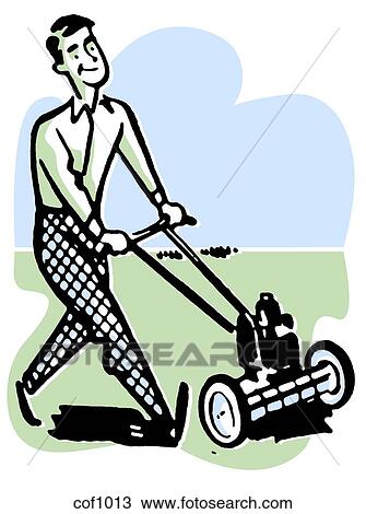Drawing - A man moving the lawns. Fotosearch