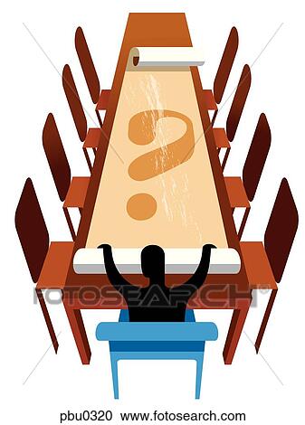 Clipart - A man rolling a plan with a question mark across a long meeting table. Fotosearch