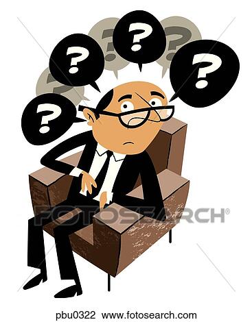 Drawing - A man sitting in a chair with many questions. Fotosearch