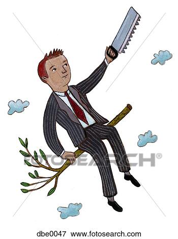 Stock Illustration - A man sitting on a falling branch that he cut himself. Fotosearch