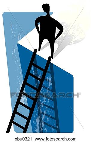 Clip Art - A man standing at the top of a ladder. Fotosearch