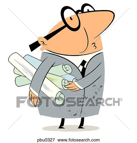 Stock Illustration - A man with glasses holding plans rolled under his arm. Fotosearch