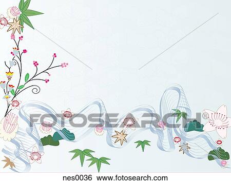 A montage of flowers, leaves, branches and swirling blue lines scattered across the canvas View Large Illustration Stock Illustration - A montage of flowers, leaves, branches and swirling blue lines scattered across the canvas. Fotosearch