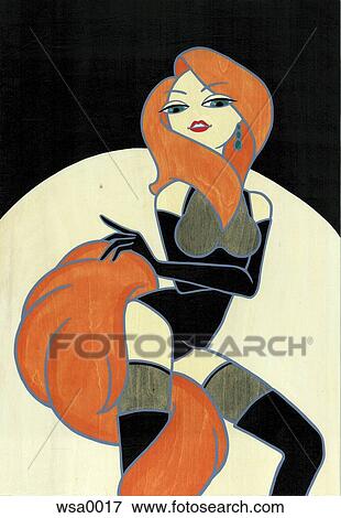 Stock Illustration - A painting on a wood canvas of a burlesque woman. Fotosearch