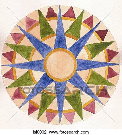 Drawing - A painting on textured paper of a compass in shades of pink, yellow, blue and green. Fotosearch