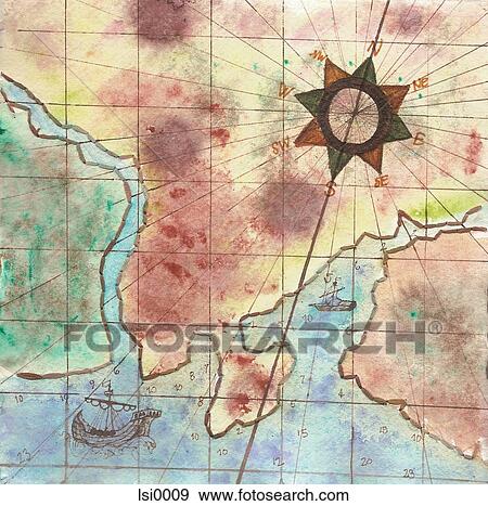 Stock Illustration - A painting on textured paper of a map and compass. Fotosearch