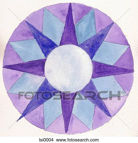 Stock Illustration - A painting on textured paper of a compass in shades of blue and purple. Fotosearch