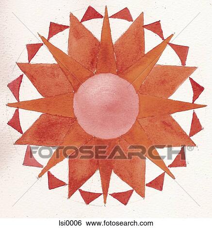 Stock Illustration - A painting on textured paper of a compass in shades of orange. Fotosearch