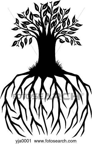 Clip Art - A paper-cut design of a tree with long extended roots. Fotosearch