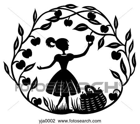 Drawing - A paper-cut design of a young girl picking apples from a tree. Fotosearch