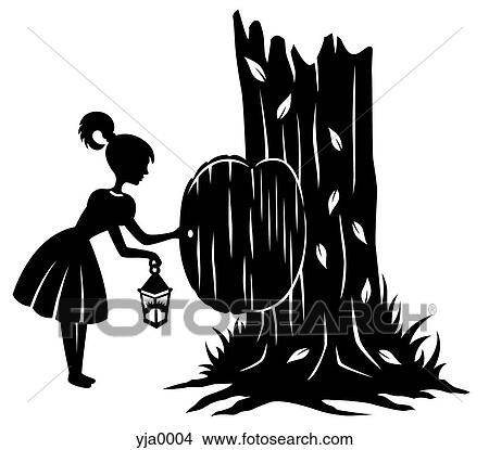 Stock Illustration - A paper-cut design of a young girl entering a tree through a small door. Fotosearch