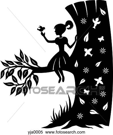 Stock Illustration - A paper-cut design of a young girl sitting on a tree branch with a small bird. Fotosearch