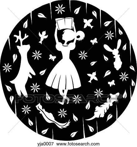 Stock Illustration - A paper-cut design of a young girl reading a book surrounded by friendly animals. Fotosearch