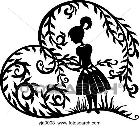 Stock Illustration - A paper-cut design of a young girl pruning an overgrown vine with sheers. Fotosearch