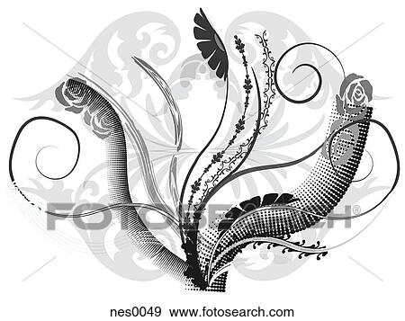 A pattern consisting of layers of flowers, vines and branches over laying a damask shape in black and white View Large Illustration Stock Illustration - A pattern consisting of layers of flowers, vines and branches over laying a damask shape in black and white. Fotosearch