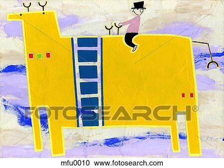 Clipart - A print of a man riding a large animal. Fotosearch