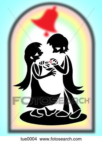 Stock Illustration - A print of a romantic young couple under a wedding bell. Fotosearch