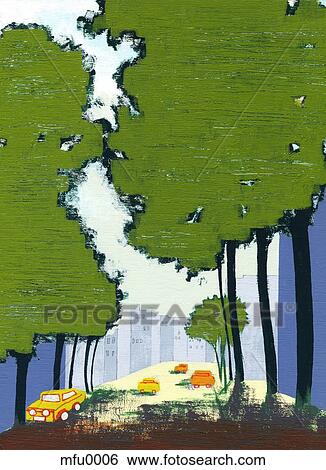 Stock Illustration - A print of a rural landscape. Fotosearch