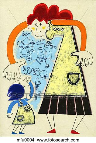 Stock Illustration - A print of a woman towering over a young girl. Fotosearch