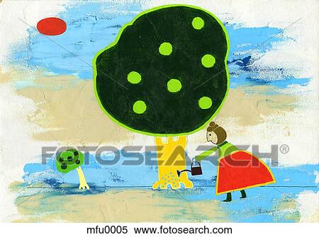 Stock Illustration - A print of a young girl watering a tree. Fotosearch