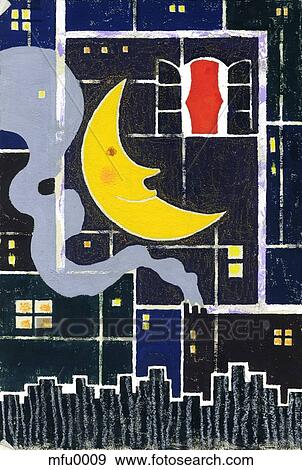 Stock Illustration - A print of an urban night skyline and crescent moon. Fotosearch