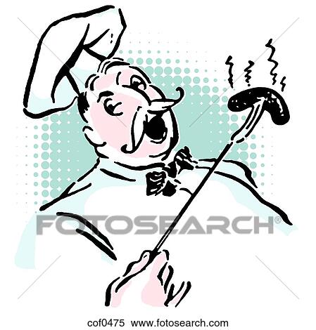 A robust chef about to eat a large sausage View Large Illustration Stock Illustration - A robust chef about to eat a large sausage. Fotosearch