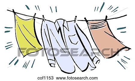 Drawing - A row of washing on a clothes line. Fotosearch