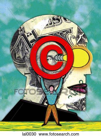 A small figure holding a copyright symbol in front of a collage of a head View Large Illustration Clipart - A small figure holding a copyright symbol in front of a collage of a head. Fotosearch