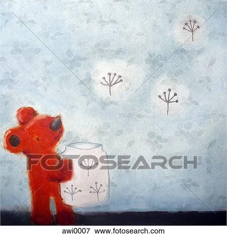 Stock Illustration - A small red bear freeing blossoms. Fotosearch