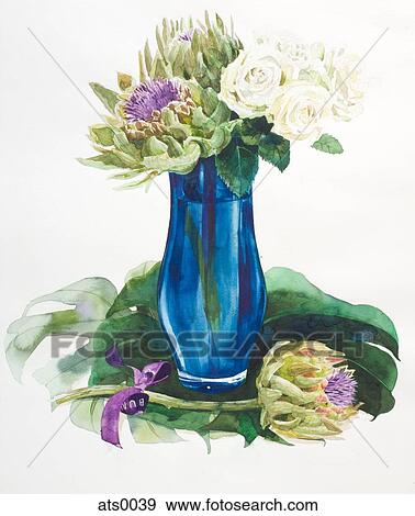 Stock Illustration - A tall blue vase filled with flowers. Fotosearch
