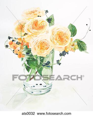 A tall vase filled with apricot colored roses View Large Illustration Drawing - A tall vase filled with apricot colored roses. Fotosearch
