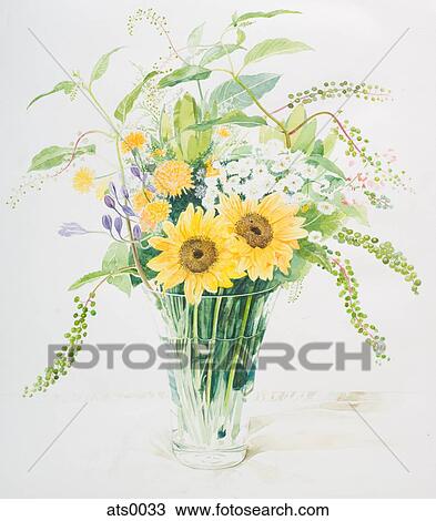 A tall vase filled with sun flowers View Large Illustration Drawing - A tall vase filled with sun flowers. Fotosearch