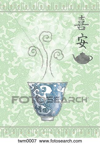 Stock Illustration - A tea cup and pot on a Japanese inspired background. Fotosearch