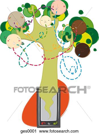 A tree protruding from a mobile phone with a group of faces suspended in the trees all connected trough lines View Large Illustration Clip Art - A tree protruding from a mobile phone with a group of faces suspended in the trees all connected trough lines. Fotosearch