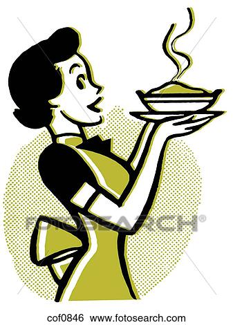 A vintage cartoon of a woman holding a hot pie View Large Illustration Stock Illustration - A vintage cartoon of a woman holding a hot pie. Fotosearch